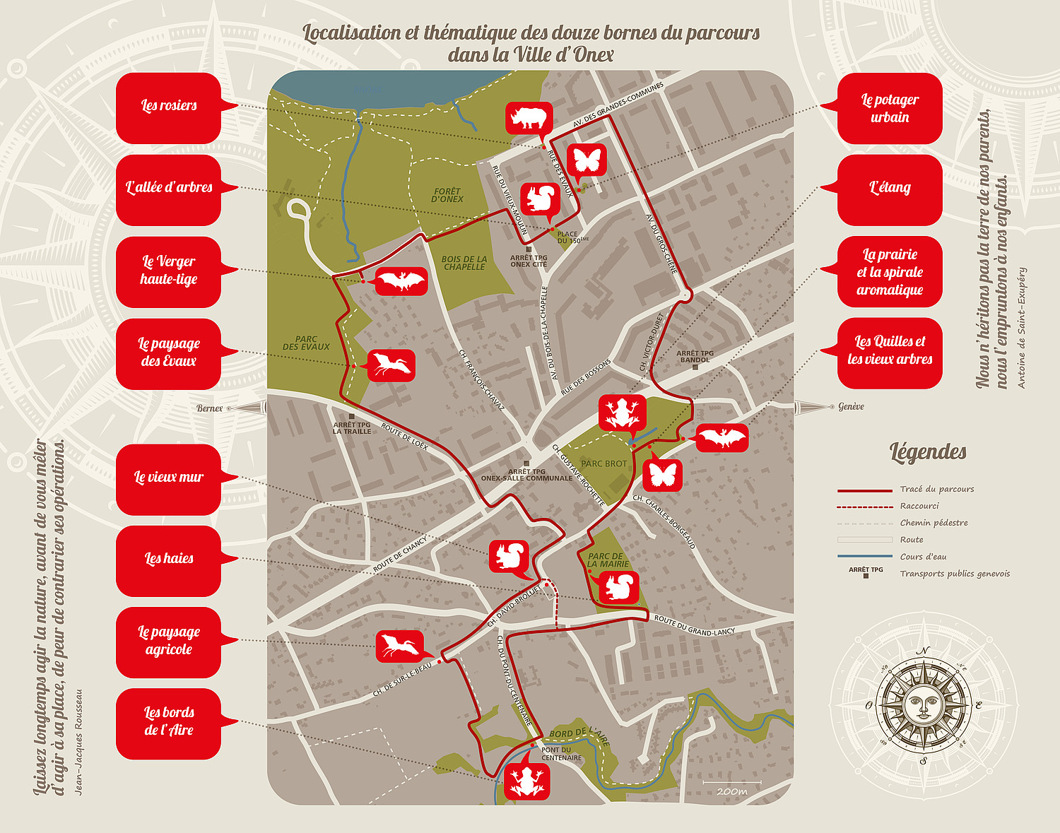 De nombreuses communes s’engagent en faveur de la biodiversité. Par exemple la Ville d’Onex (GE) par son parcours «Nature en ville» avec ses 12 bornes.