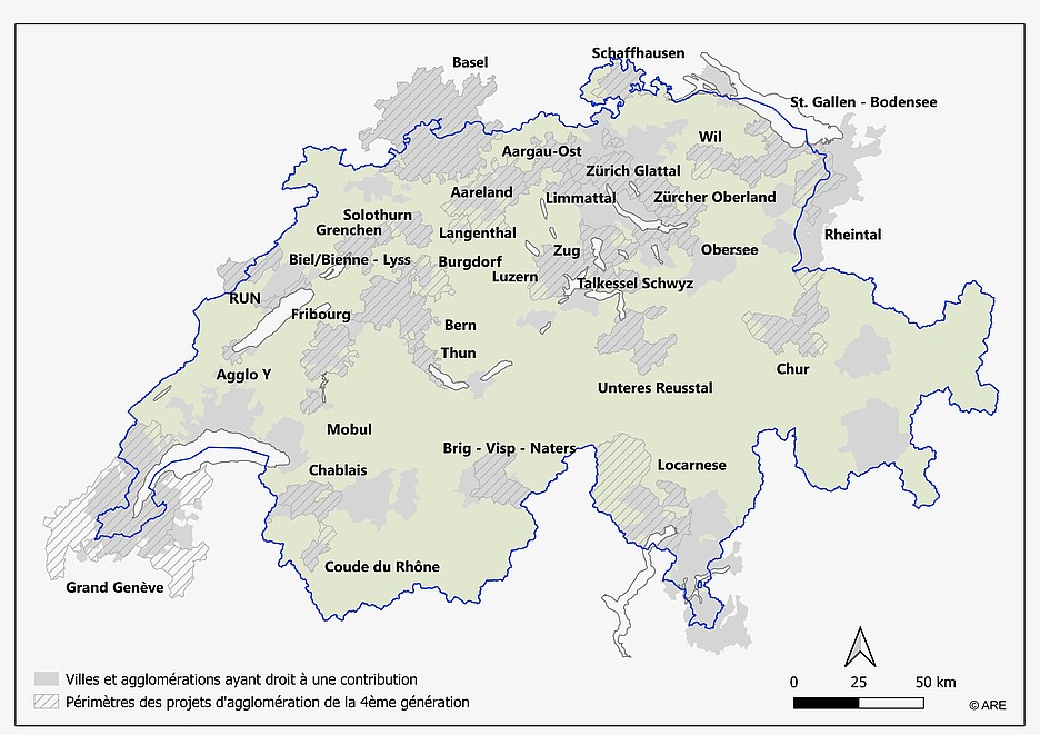 La carte montre les différents projets d’Agglomeration à travers la Suisse.