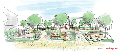 Un croquis fait en atelier d’une place de jeux à Orbe (VD).