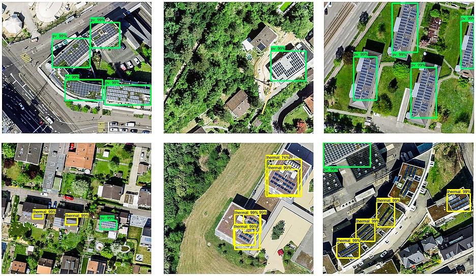Une première étape préparatoire vers l’apprentissage automatique: l’encadrement manuel sur des images aériennes des installations PV, en vert, et des installations solaires thermiques, en jaune. 